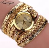 Mulheres Casual Vintage Multilayer Wristwatch Weave Wrap Rebite Pulseira De Couro Relógio De Pulso